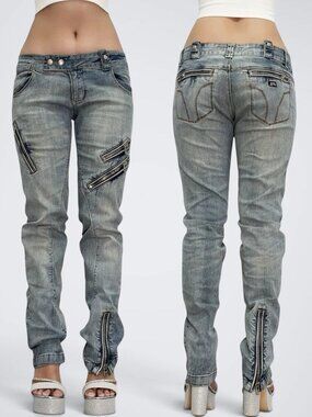 VTG Y2K Miss Sixty Multi Zip Low Rise Utility Skinny Jeans